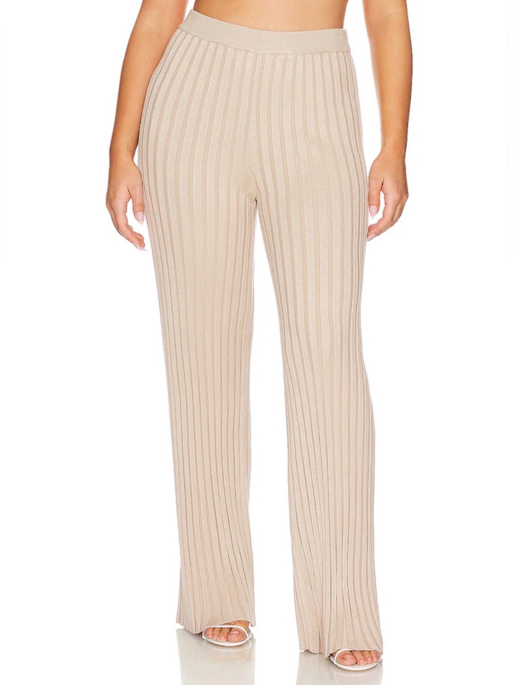 L’Academie Seraph Ribbed Knit High Rise Flare Pants Champagne Tan Medium - Picture 10 of 11